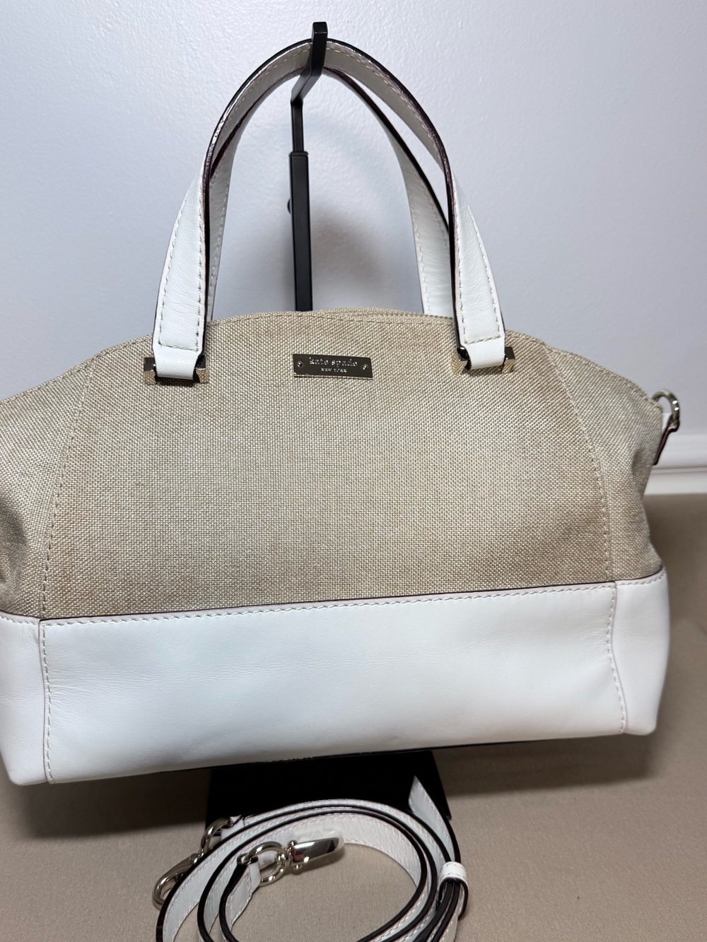 Kate Spade Reiley Straw & White Leather Dome Satchel Crossbody Bag